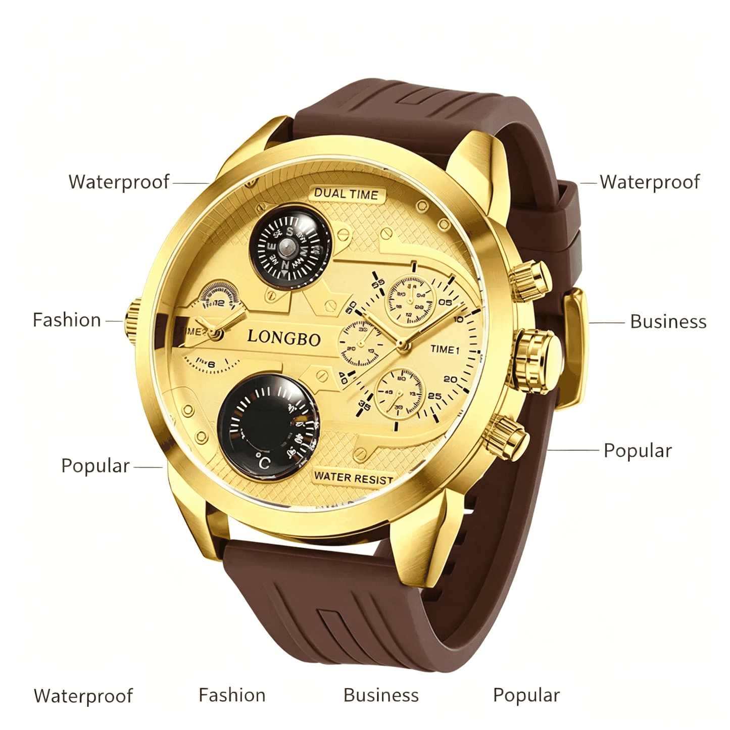 Men's Multifunctional Oversized Watch, Fashion Chronograph with Dual Time Zone, Compass & Thermometer, Trendy All-match Casual Watch for Outdoor Adventure & Birthday Gift for Him outdoorfun