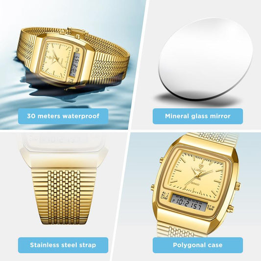 Watches for men 34.5mm x 40mm x 10.5mm case 3ATM waterproof and scratch resistant mirror dual time zone fashionable gold watch multifunctional timing alarm clock digital sports watch couple's New Year gift