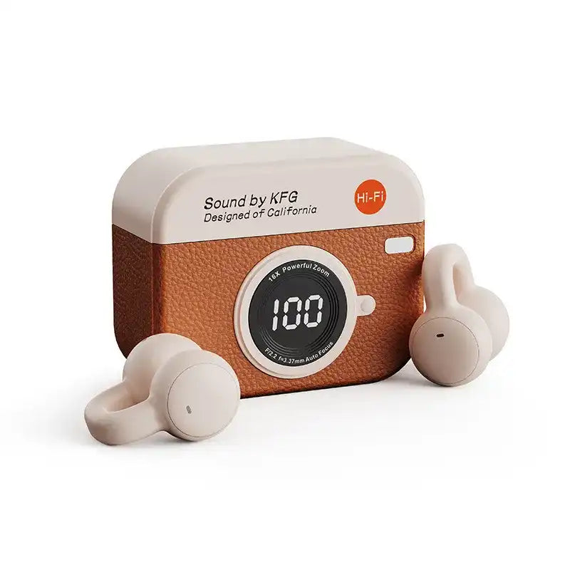 Retro Brown Soft Silicone Clip-On Wireless Earphones, Power Display, 99H Battery IP68 Waterproof, 8-Level ANC BT5.4 Directional Sound, Hi-Fi 4K Stereo 360° Panoramic Audio, Dual Driver Denoise, Ultra-Low Latency, Sports & All Phones Compatible