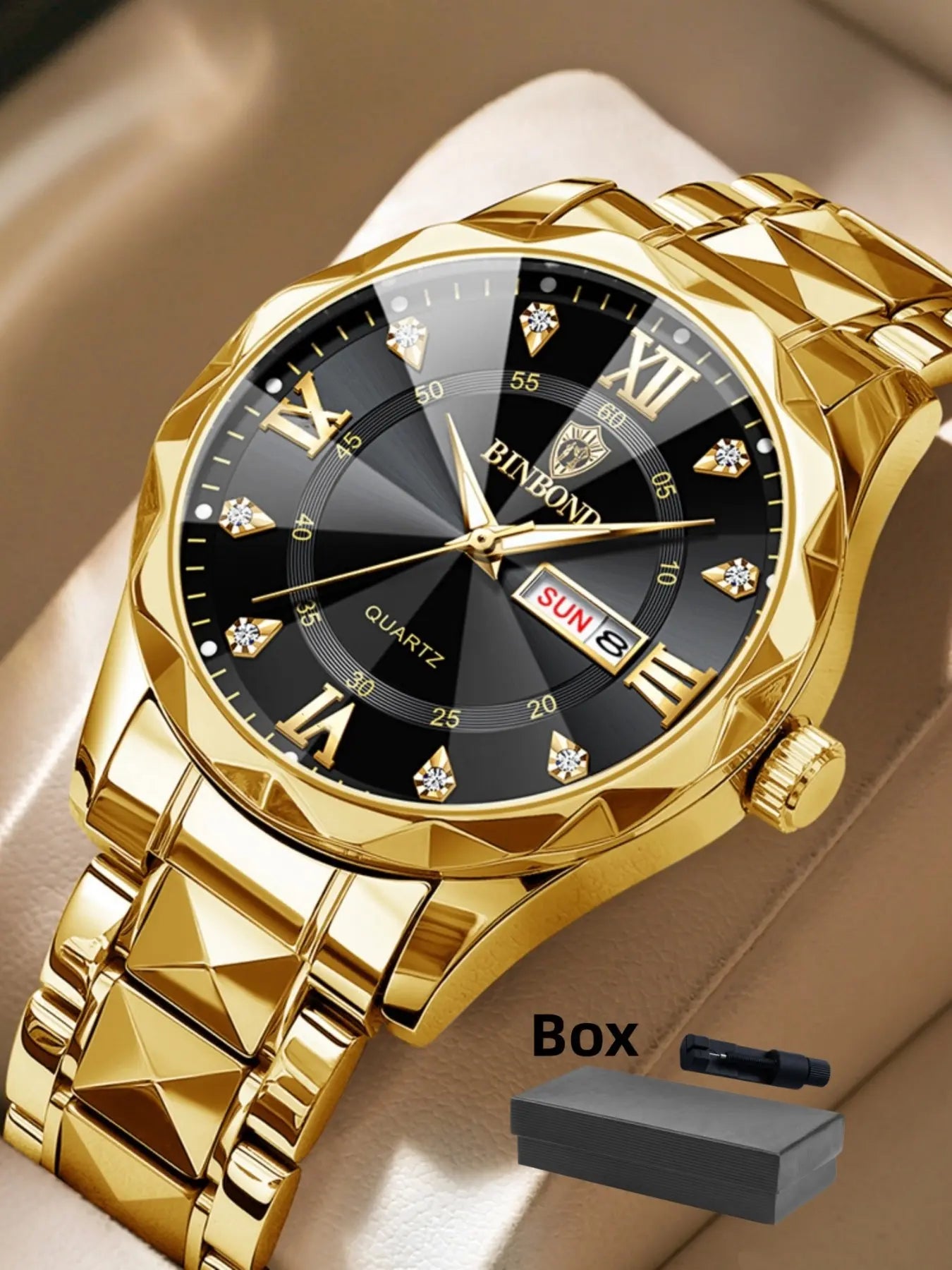Men's Business Fashion Rhinestone Decor Analog Quartz Watch, Calendrier Waterproof Watch for Party, Daily Decor, Trendy Exquisite Watch for Birthday Gift with Box, Business Fashion Watches