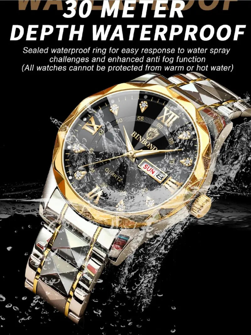 Men's Business Fashion Rhinestone Decor Analog Quartz Watch, Calendrier Waterproof Watch for Party, Daily Decor, Trendy Exquisite Watch for Birthday Gift with Box, Business Fashion Watches