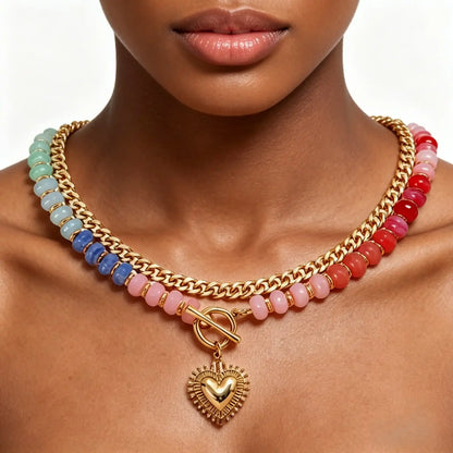 Dopamine Colorful Beaded Necklace Ethnic-Style Collarbone Chain with Stackable Heart Pendant for Stylish Looks and Versatile Jewelry