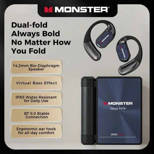 Monster Ear Buds - Headphones Bluetooth with Dual-Fold Design, Noise Isolation - 145H Playtime Wireless Earbuds Bluetooth 6.0, IPX5 Waterproof & Sweatproof Wireless Headphones, Headset Ideal Traveli