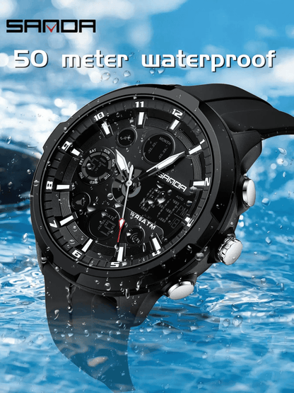 Men's Fashion Quartz Analog Digital Watch, Casual Round Dial Digital Watch with Luminous Alarm, Water-resistant Multifunctional Wristwatch with Box, Luminous Waterproof Watch