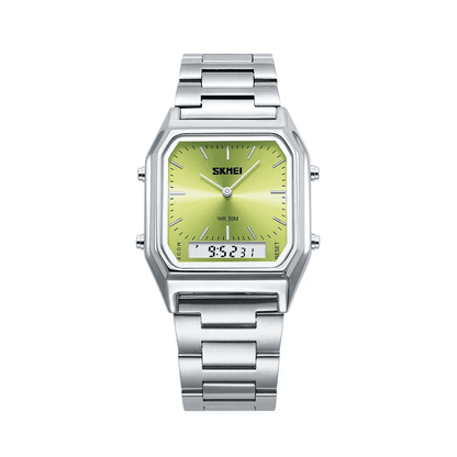 Men's Square Dial Casual Trendy Wristwatch - Stainless Steel Strap, 3ATM Water Resistant Watch, Dual Movement, Luminous Display, Calendar, Stopwatch, Alarm, Multi Time Zone, Men's Accessories