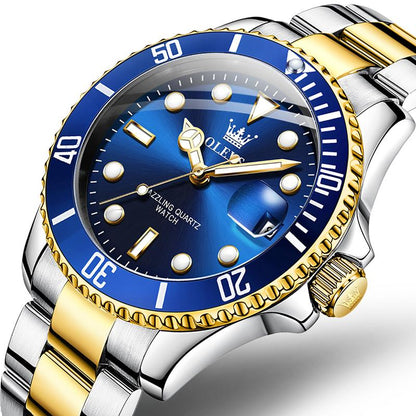 Men's Luxury Dress Watch Blue Dial 40mm Stainless Steel Band Rotating Quartz Analog Waterproof Luminous Big Face Boss Wrist Watch