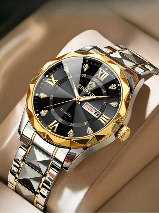 Men's Business Fashion Rhinestone Decor Analog Quartz Watch, Calendrier Waterproof Watch for Party, Daily Decor, Trendy Exquisite Watch for Birthday Gift with Box, Business Fashion Watches