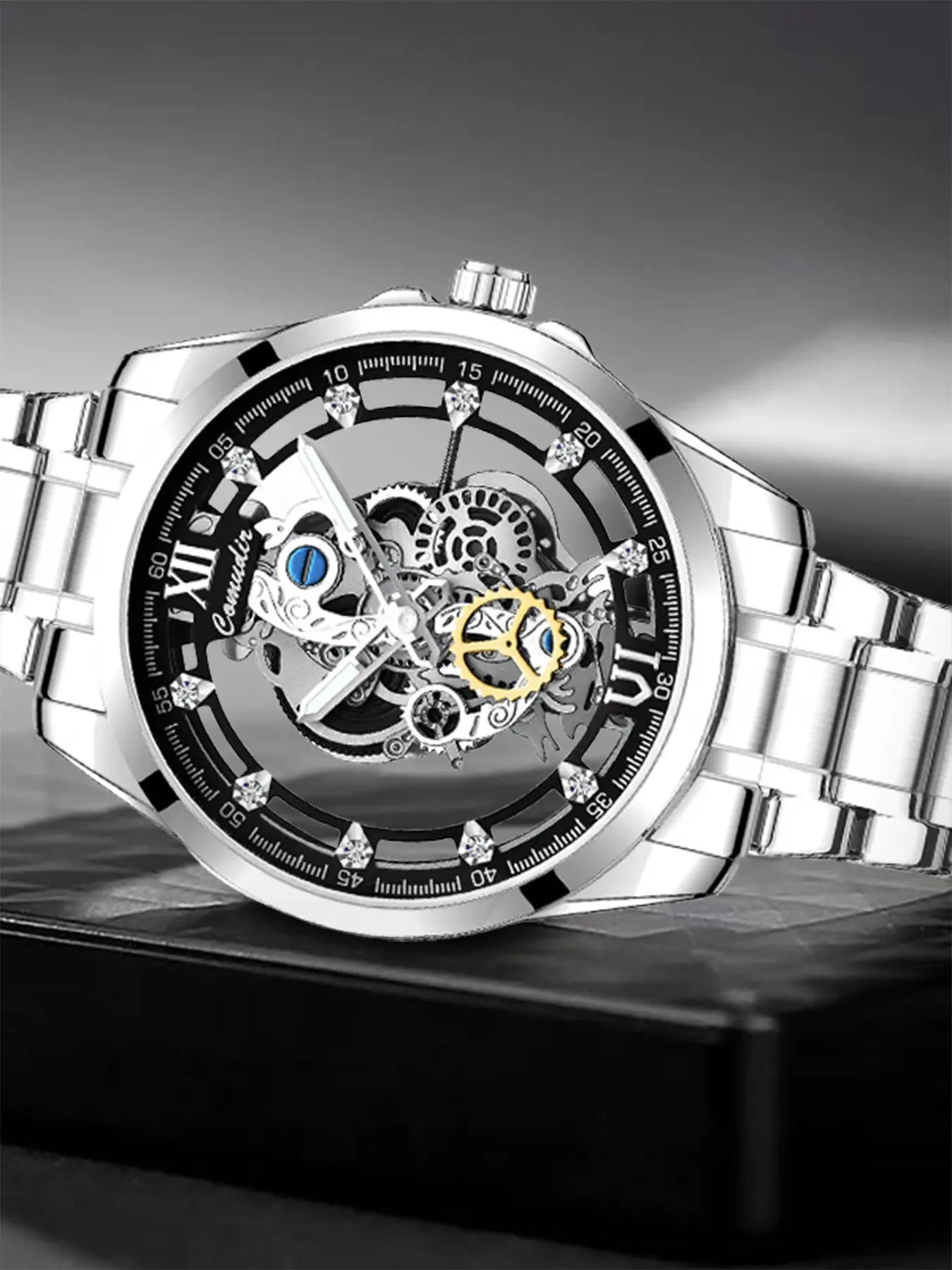 Men's Silver Color Steel Strap Dual-Sided Transparent Sporty Casual Business Watch, Quartz Wristwatch, Analog Round Face, Quartz Movement, Alloy Case