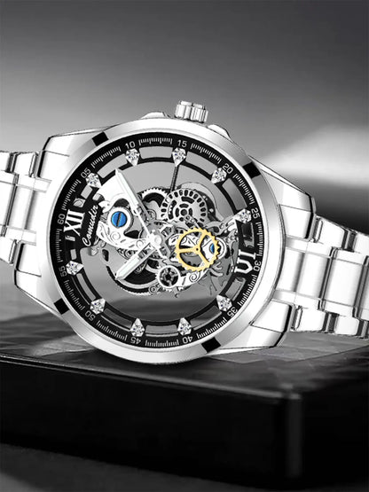 Men's Silver Color Steel Strap Dual-Sided Transparent Sporty Casual Business Watch, Quartz Wristwatch, Analog Round Face, Quartz Movement, Alloy Case