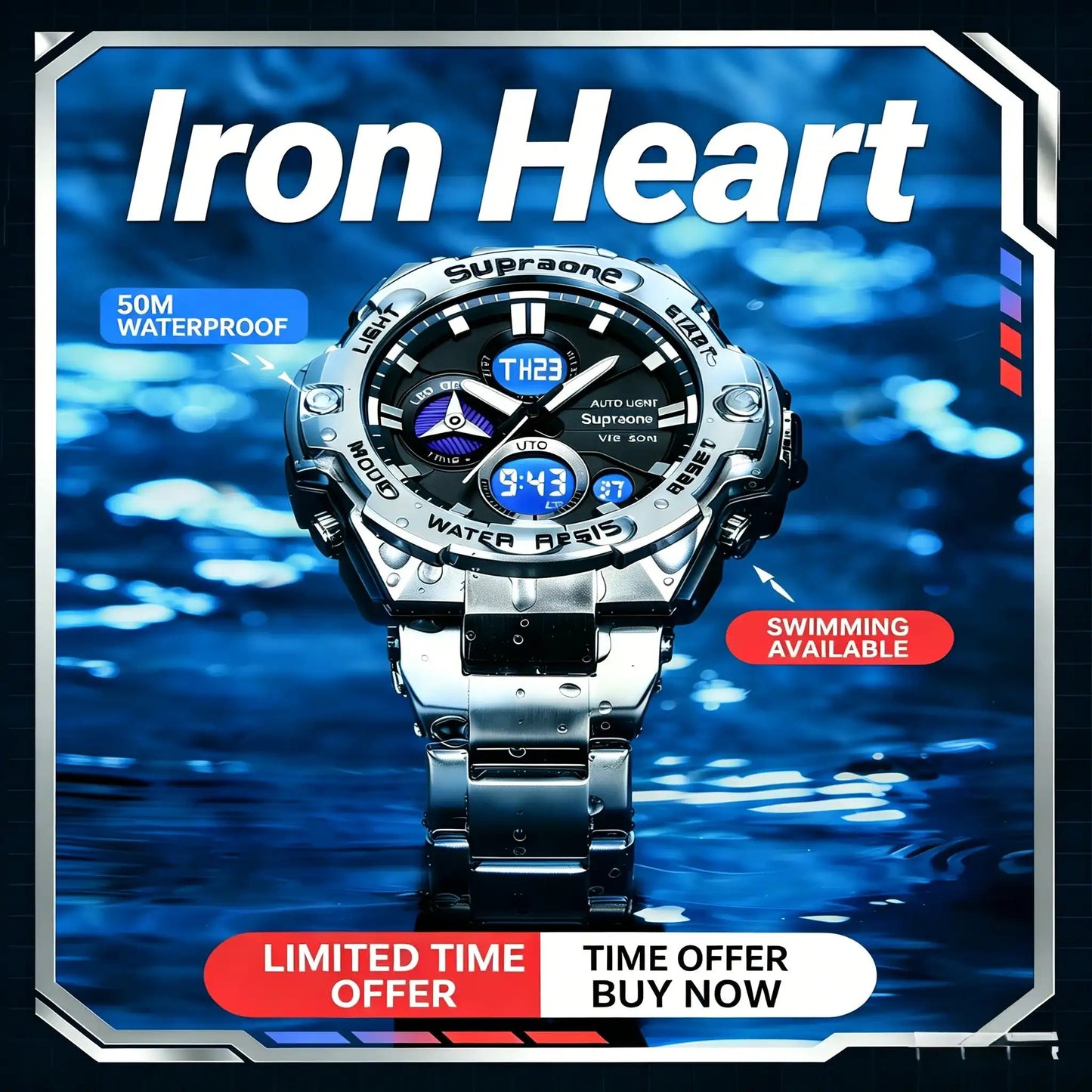 Men's Iron Heart Sports Watch –Mechanical style large dial steel band movement electronic watch, waterproof with night light, dual display wristwatc