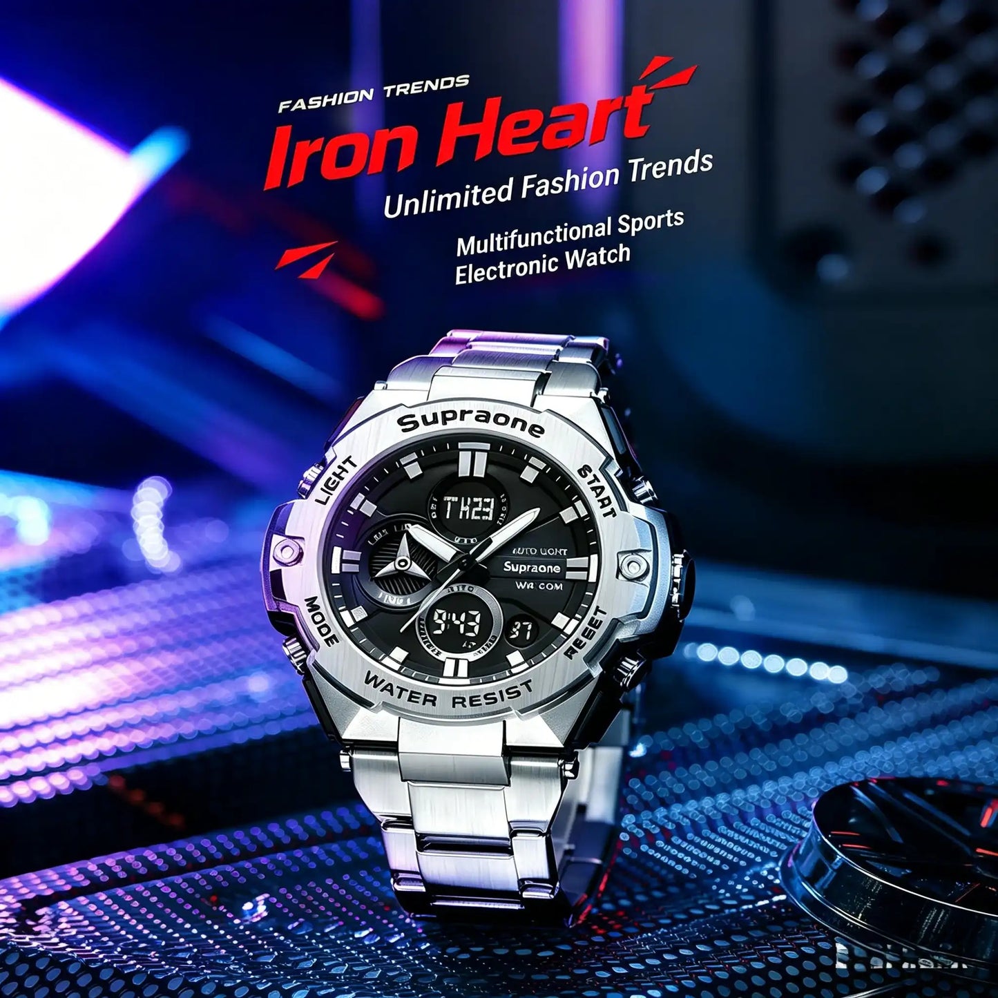 Men's Iron Heart Sports Watch –Mechanical style large dial steel band movement electronic watch, waterproof with night light, dual display wristwatc
