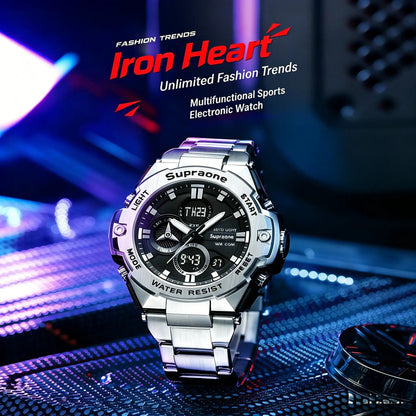 Men's Iron Heart Sports Watch –Mechanical style large dial steel band movement electronic watch, waterproof with night light, dual display wristwatc