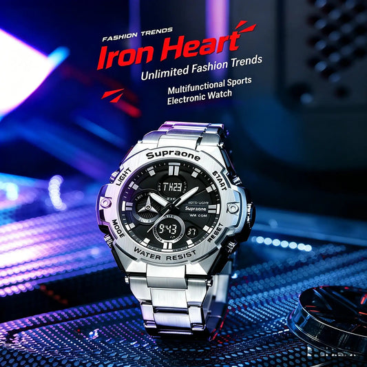 Men's Iron Heart Sports Watch –Mechanical style large dial steel band movement electronic watch, waterproof with night light, dual display wristwatc