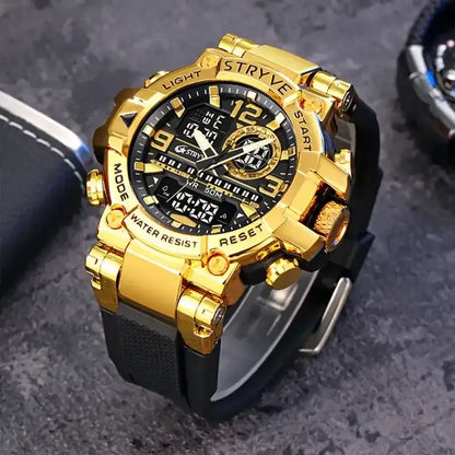 Men's Black Gold Punk Style Quartz Watch – Luxury Edition. Multi-Functional Waterproof Dual Display Wristwatch, a Trendy yet Elegant Sport Watch. Presented in a Premium Gift Box – A Statement Piece for the Discerning Individual.