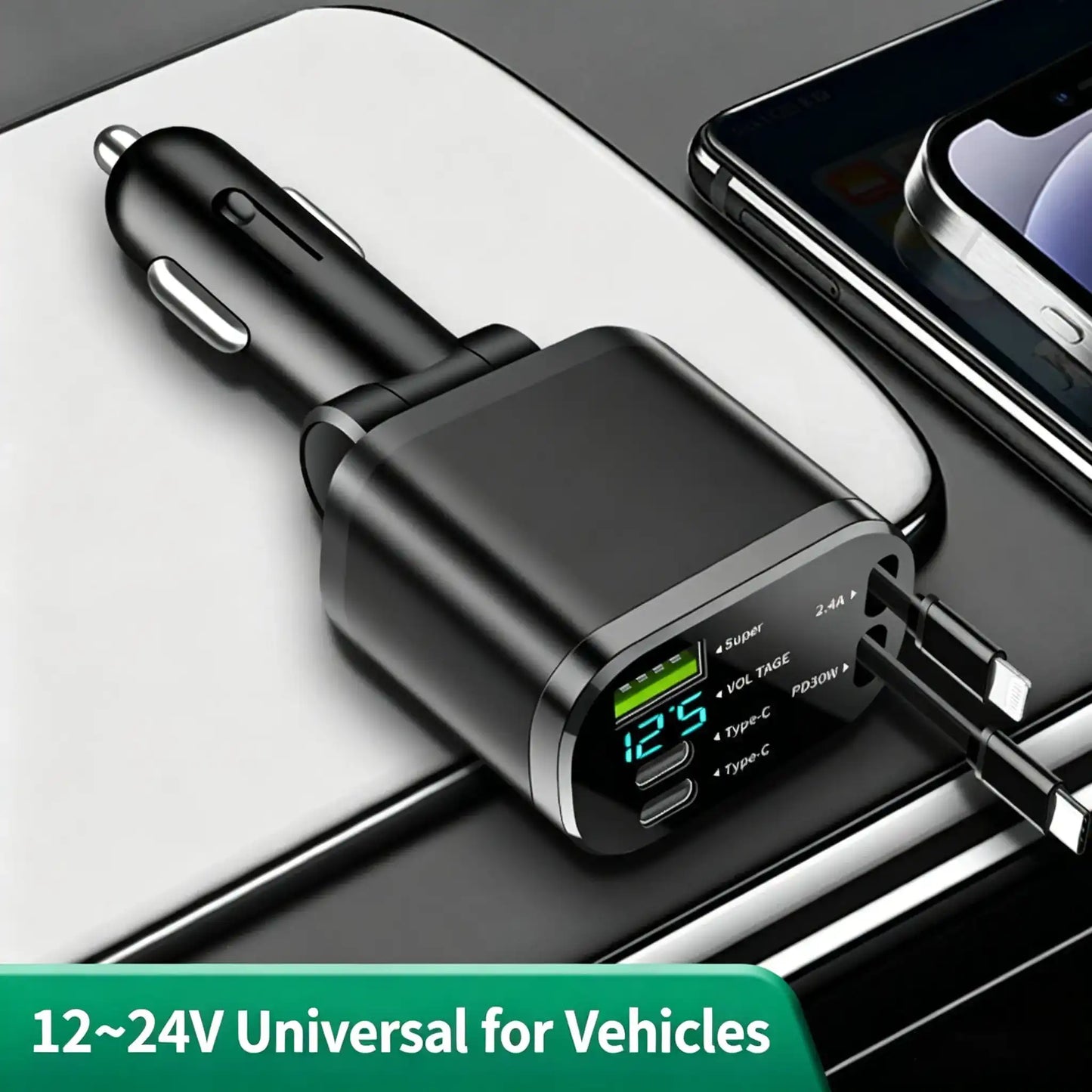 5-in-1 retractable vehicle charger, 66-watt USB-C fast charger adapter, equipped with Lightning data cable and three interfaces, suitable for devices such as Samsung, TECNO, Infinix, Itel, HMD Nokia, Apple (iPhone/iPad), Xiaomi, Laptops