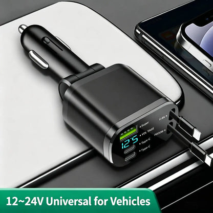 5-in-1 retractable vehicle charger, 66-watt USB-C fast charger adapter, equipped with Lightning data cable and three interfaces, suitable for devices such as Samsung, TECNO, Infinix, Itel, HMD Nokia, Apple (iPhone/iPad), Xiaomi, Laptops