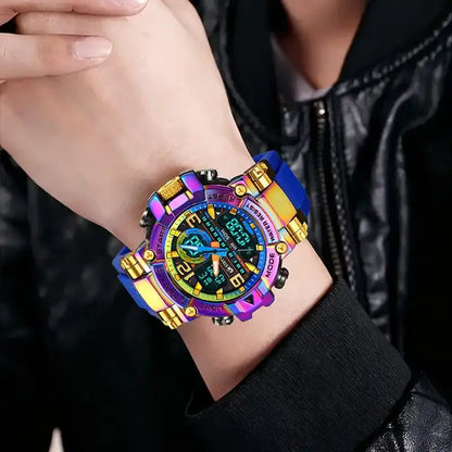 Men's Colorful Punk Style Quartz Watch – Luxury Edition. Multi-Functional Waterproof Dual Display Wristwatch, a Trendy yet Elegant Sport Watch. Presented in a Premium Gift Box – A Statement Piece for the Discerning Individual.