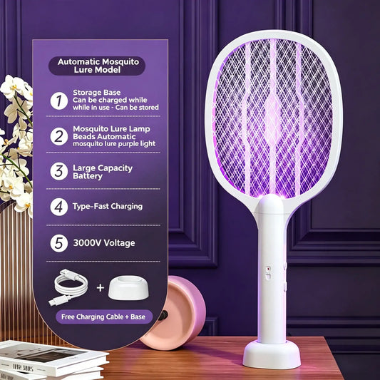 3000V Electric Fly Swatter Racket, Smart Bug Zapper with USB Rechargeable Base, Powerful Mosquitoes Trap Lamp & Fly Killer with 3-Layer Safety Mesh for Home, Bedroom, Kitchen, Patio