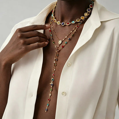 Women's Boho Style Alloy Chain Necklace Set, Boho Chic Crystal, Colorful Crystal Pendant Jewelry for Women, Casual Daily Wear & Holiday Gift Ideas