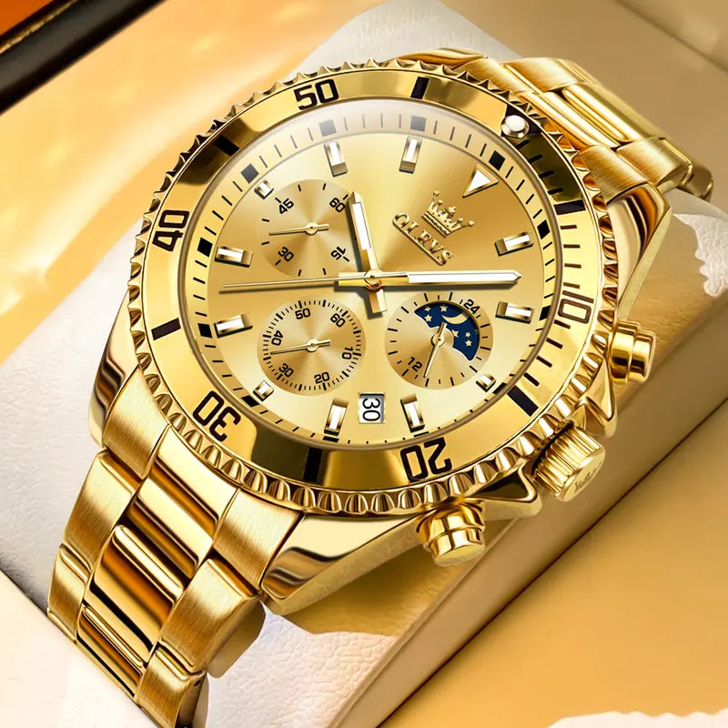 Men's Diamond Business Dress Analog Quartz Stainless Steel Waterproof Luminous Date Gold Luxury Casual Watch