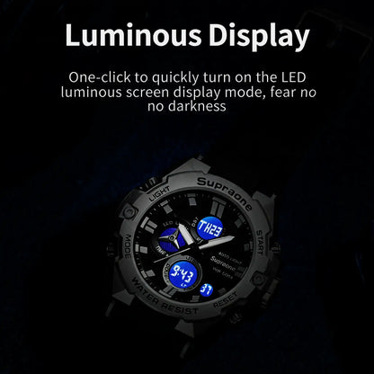 Men's Iron Heart Sports Watch –Mechanical style large dial steel band movement electronic watch, waterproof with night light, dual display wristwatc