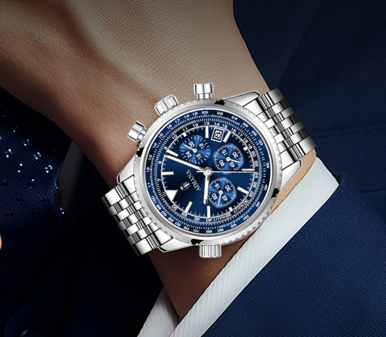 Business Fashion Round Dial Analog Quartz Watches for Men, Trendy Multifunctional Luminous Fashionable Watch, Waterproof Luminous Date Chronograph Watch, Stainless Steel Wristwatch for Men Gifts, with Box