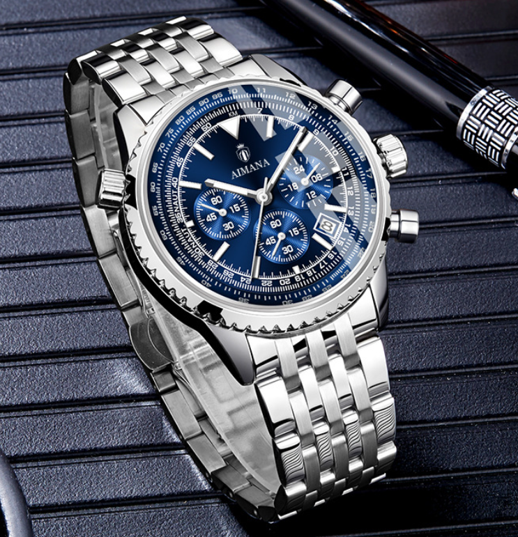 Business Fashion Round Dial Analog Quartz Watches for Men, Trendy Multifunctional Luminous Fashionable Watch, Waterproof Luminous Date Chronograph Watch, Stainless Steel Wristwatch for Men Gifts, with Box