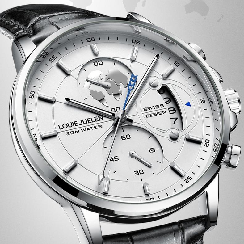 Elegant Men's Watch: Globe Design, 30m Water Resistance, Luminous Dial, Calendar & Chronograph | Stylish for Day & Business | Classic Timepiece