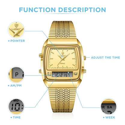 Watches for men 34.5mm x 40mm x 10.5mm case 3ATM waterproof and scratch resistant mirror dual time zone fashionable gold watch multifunctional timing alarm clock digital sports watch couple's New Year gift