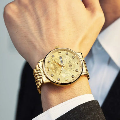 Elegant Multi-Function Men's Watch with Original Swiss Movement, featuring Dual Calendar, 42mm Dial, Sapphire Crystal, Stainless Steel Band, and Luminous Water-Resistant Design.