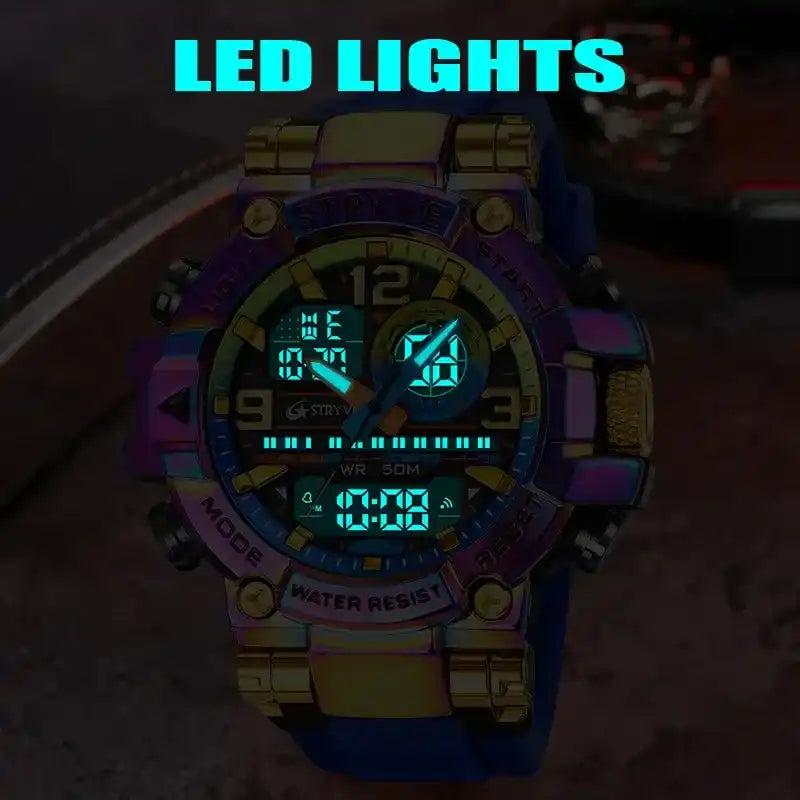 Men's Colorful Punk Style Quartz Watch – Luxury Edition. Multi-Functional Waterproof Dual Display Wristwatch, a Trendy yet Elegant Sport Watch. Presented in a Premium Gift Box – A Statement Piece for the Discerning Individual.