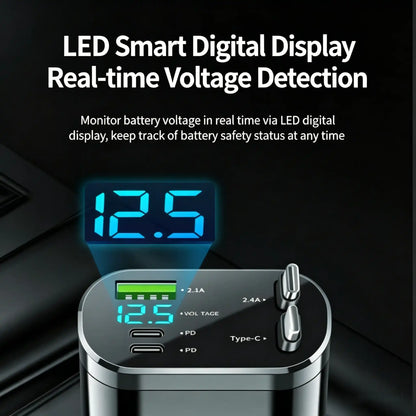 5-in-1 retractable vehicle charger, 66-watt USB-C fast charger adapter, equipped with Lightning data cable and three interfaces, suitable for devices such as Samsung, TECNO, Infinix, Itel, HMD Nokia, Apple (iPhone/iPad), Xiaomi, Laptops