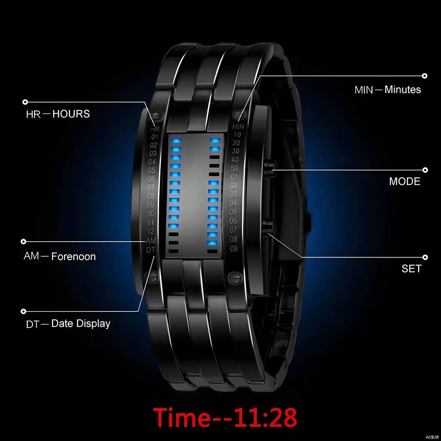 Men's Cool Binary Watch Stainless Steel LED Bracelet Watch Stylish Blue Light Sport Watch Vacuum plated black