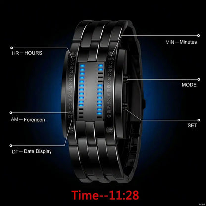 Men's Cool Binary Watch Stainless Steel LED Bracelet Watch Stylish Blue Light Sport Watch Vacuum plated black