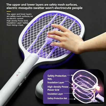 3000V Electric Fly Swatter Racket, Smart Bug Zapper with USB Rechargeable Base, Powerful Mosquitoes Trap Lamp & Fly Killer with 3-Layer Safety Mesh for Home, Bedroom, Kitchen, Patio