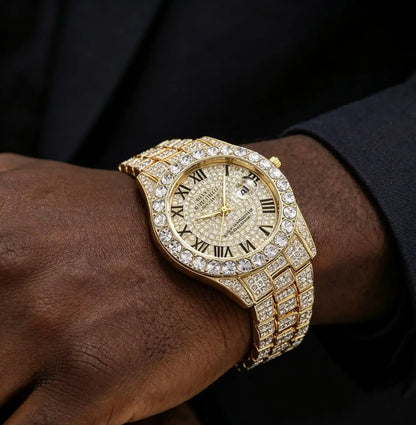Icedoutwatch Hiphop Rhinestone Diamond Watch 10 inches Cuban Chain Rapper Metal Band Plated Luxury Roman Numerals Timepiece Premium Trendy
