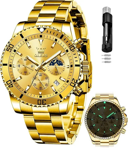 Men's Diamond Business Dress Analog Quartz Stainless Steel Waterproof Luminous Date Gold Luxury Casual Watch