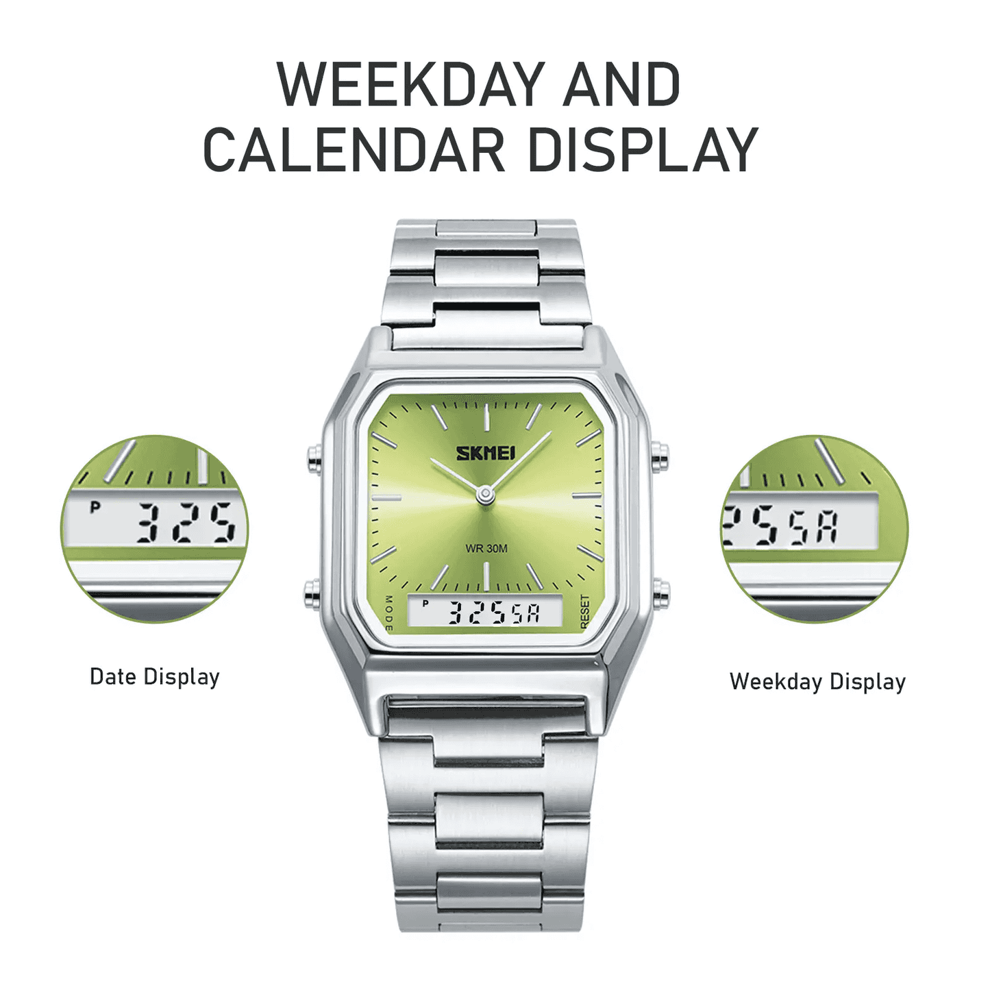 Men's Square Dial Casual Trendy Wristwatch - Stainless Steel Strap, 3ATM Water Resistant Watch, Dual Movement, Luminous Display, Calendar, Stopwatch, Alarm, Multi Time Zone, Men's Accessories