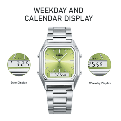 Men's Square Dial Casual Trendy Wristwatch - Stainless Steel Strap, 3ATM Water Resistant Watch, Dual Movement, Luminous Display, Calendar, Stopwatch, Alarm, Multi Time Zone, Men's Accessories