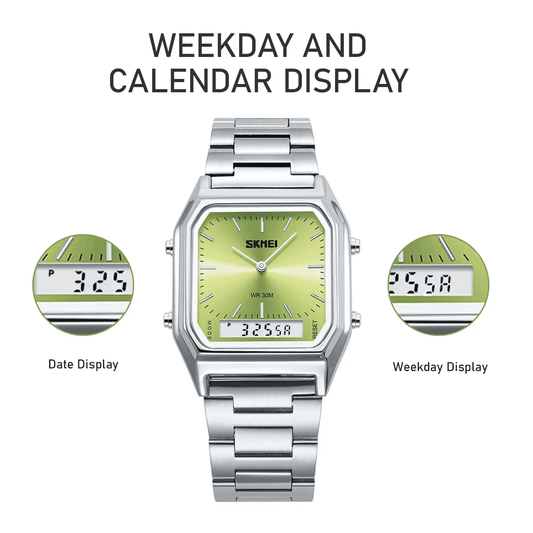 Men's Square Dial Casual Trendy Wristwatch - Stainless Steel Strap, 3ATM Water Resistant Watch, Dual Movement, Luminous Display, Calendar, Stopwatch, Alarm, Multi Time Zone, Men's Accessories