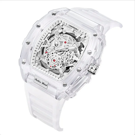 Men's Luxury Barrel-shaped Transparent Waterproof Quartz Watch for Outdoor, Back to School, Parties, Daily & Fall. Ideal Birthday, Gift with Box.