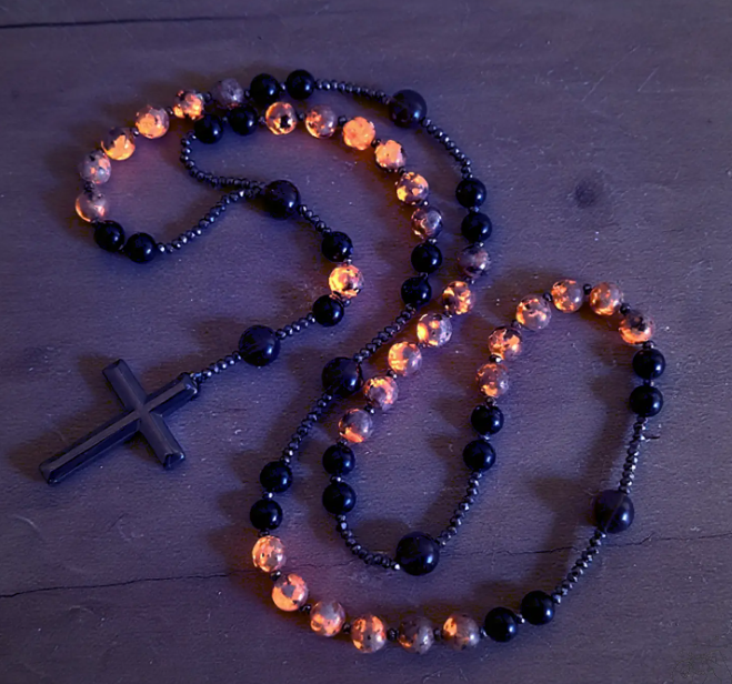 Natural Obsidian Yooperlite Rosary Necklace UV Reactive Protection Necklace Hematite Stone Cross Pendant Necklace Gift for her, gift for him