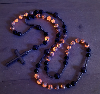 Natural Obsidian Yooperlite Rosary Necklace UV Reactive Protection Necklace Hematite Stone Cross Pendant Necklace Gift for her, gift for him