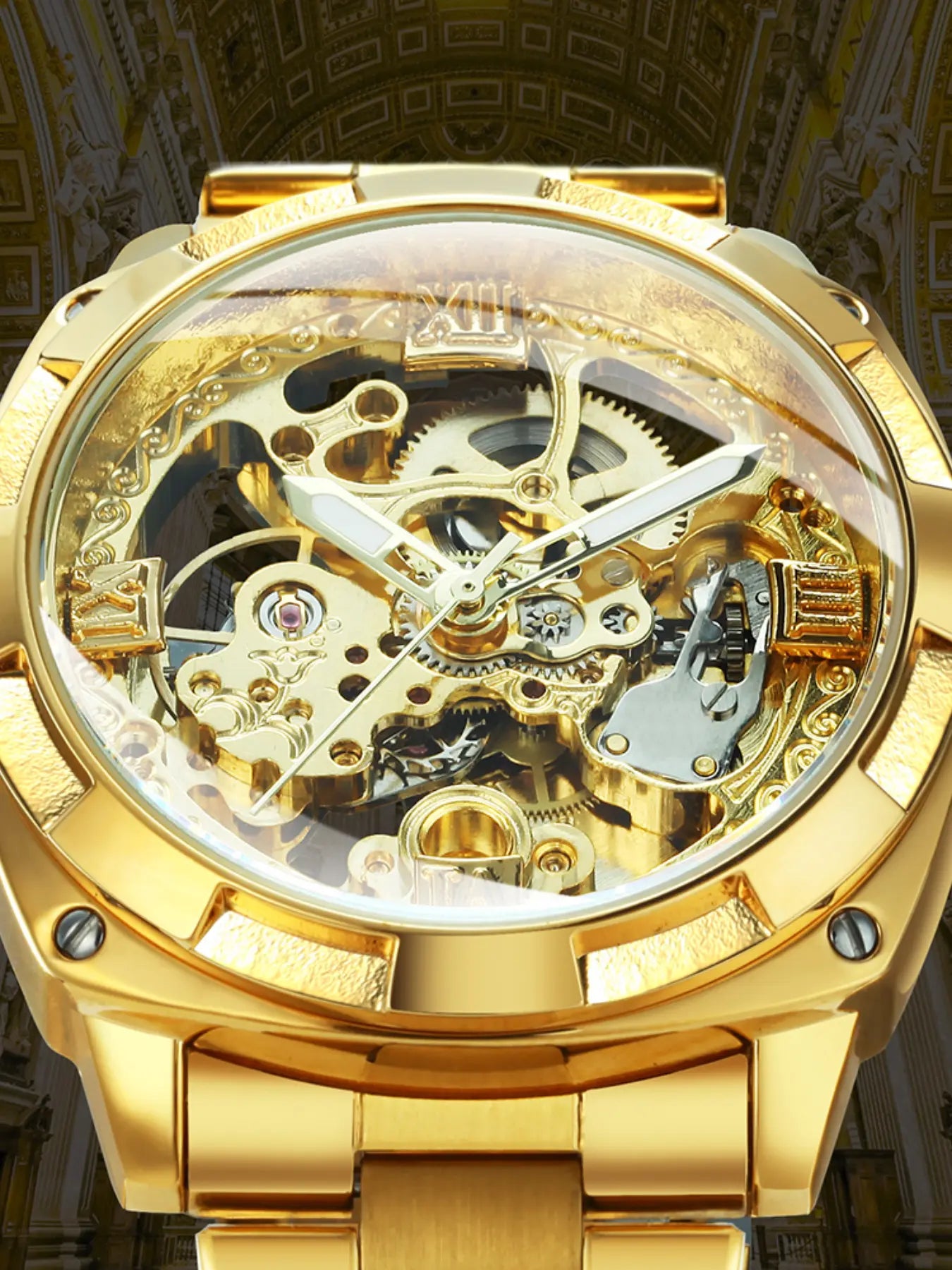 1pc Royal Luxury Skeleton Automatic Mechanical Watch for Men Luminous Hands Top Brand Stainless Steel Strap Business Casual Square Retro Mens Watches Festival Birthday Gifts With Box Stainless Steel Wristwatch