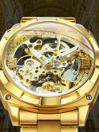 1pc Royal Luxury Skeleton Automatic Mechanical Watch for Men Luminous Hands Top Brand Stainless Steel Strap Business Casual Square Retro Mens Watches Festival Birthday Gifts With Box Stainless Steel Wristwatch