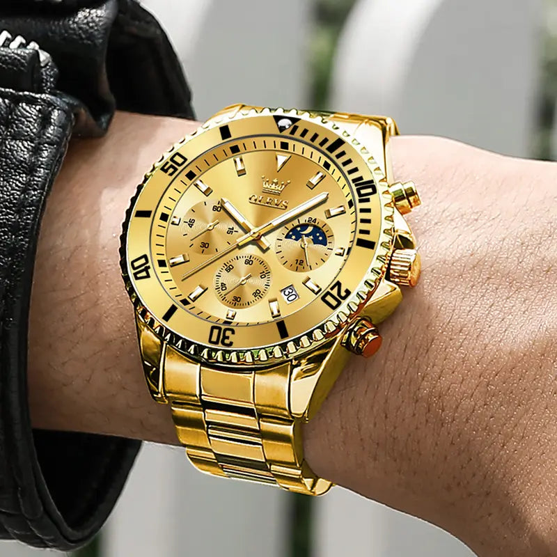 Men's Diamond Business Dress Analog Quartz Stainless Steel Waterproof Luminous Date Gold Luxury Casual Watch
