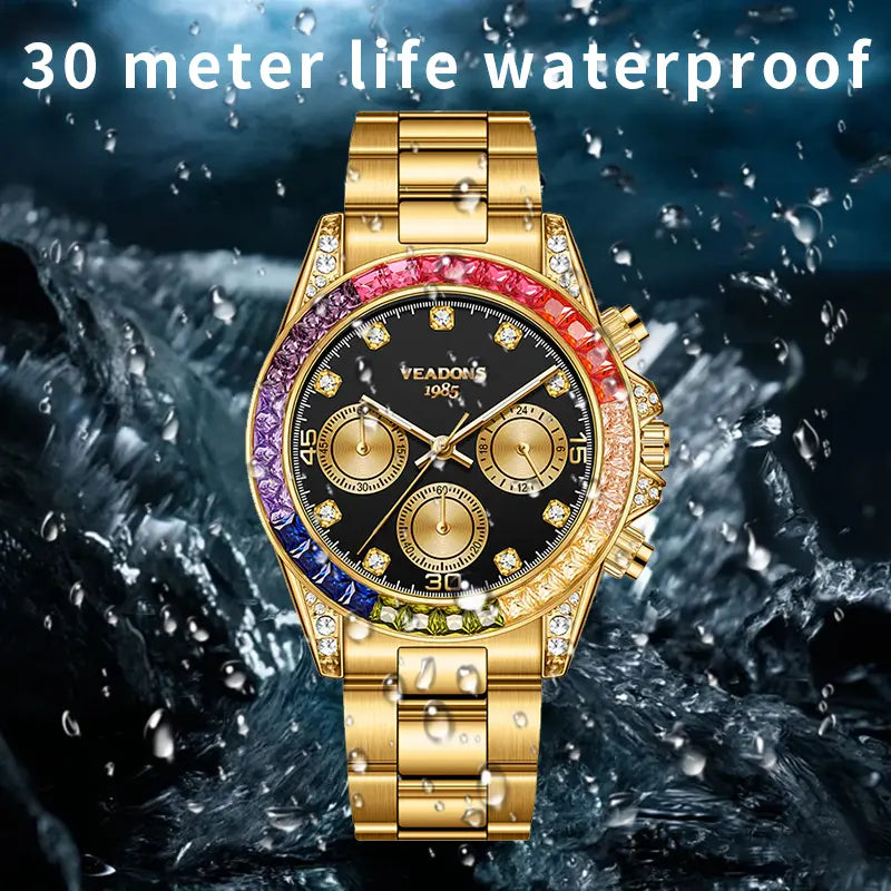VEADONS Men's Business Fashion Rhinestone Decorated AnalogQuartz Watch Rainbow Crystal Chronograph Quartz Movement Luminous Date WaterResistant for Party Daily Wear Birthday Gift with Box