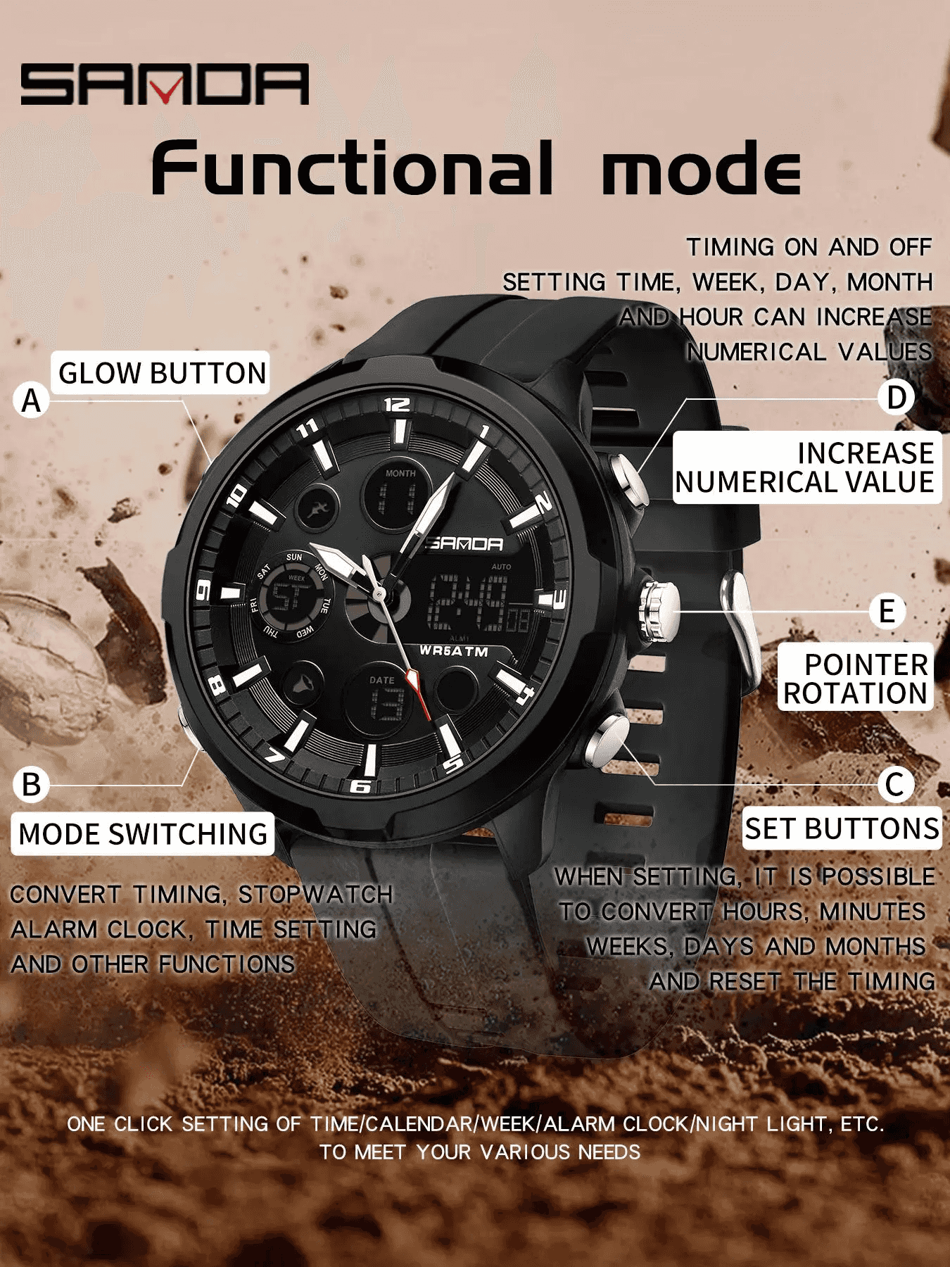 Men's Fashion Quartz Analog Digital Watch, Casual Round Dial Digital Watch with Luminous Alarm, Water-resistant Multifunctional Wristwatch with Box, Luminous Waterproof Watch