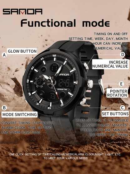 Men's Fashion Quartz Analog Digital Watch, Casual Round Dial Digital Watch with Luminous Alarm, Water-resistant Multifunctional Wristwatch with Box, Luminous Waterproof Watch