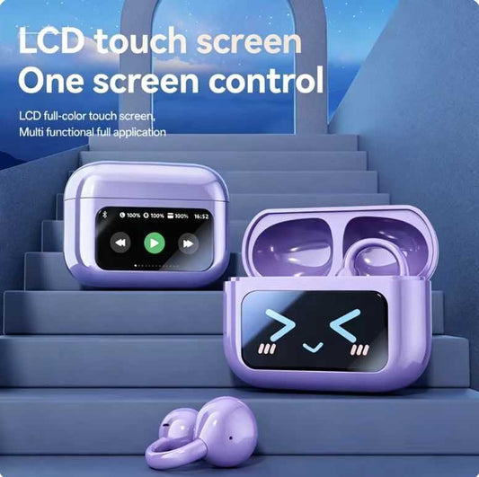 Clip-On Ear Earbuds with Audio-Visual Touch Screen, Bluetooth Wireless for Music & Calls, Sport, Compatible with Android & iOS. Features DIY Wallpaper, Multi-Language Translation, and Personalized Exclusive Experience.